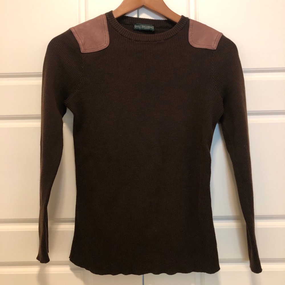 RALPH LAUREN sweater with leather shoulders.